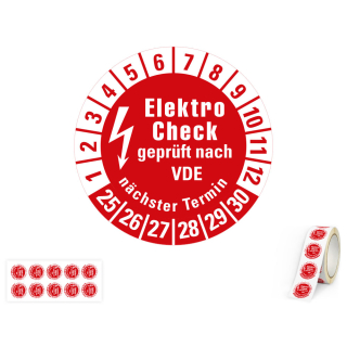 Produkt Hauptbild von 6-Jahres-Prüfplakette Elektro Check geprüft nach VDE nächster Termin, rot, Folie mit Spezialkleber, versch. Jahreszahlen, versch. Durchmesser oder 500 St./Rolle