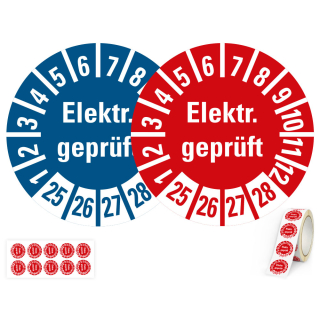 Produkt Hauptbild von Kleine Prüfplakette Elektrisch geprüft, rot oder blau, Folie mit Spezialkleber, versch. Jahreszahlen