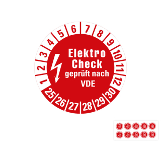 Produkt Hauptbild von Prüfplakette Elektro Check geprüft nach VDE, rot, Folie mit Spezialkleber, versch. Jahreszahlen