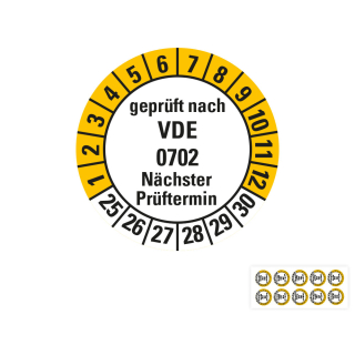 Produkt Hauptbild von Prüfplakette geprüft nach VDE 0702 Nächster Prüftermin, weiß-gelb, Folie mit Spezialkleber, versch. Jahreszahlen