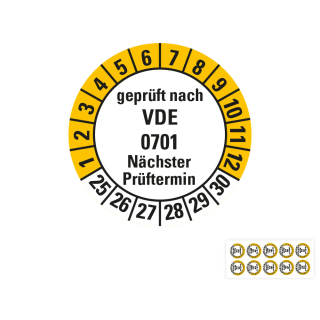 Produkt Hauptbild von Prüfplakette geprüft nach VDE 0701 Nächster Prüftermin, weiß-gelb, Folie mit Spezialkleber, versch. Jahreszahlen