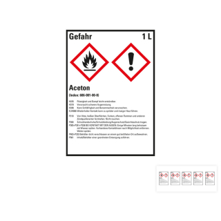 Produkt Hauptbild von Gefahrstoffkennzeichen: Aceton, 2 GHS Symbole mit Text, Folie selbstklebend, versch. Größen