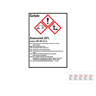 Produkt Hauptbild von Gefahrstoffkennzeichen: Ammoniak 25%, 3 GHS Symbole mit Text, Folie selbstklebend, versch. Größen