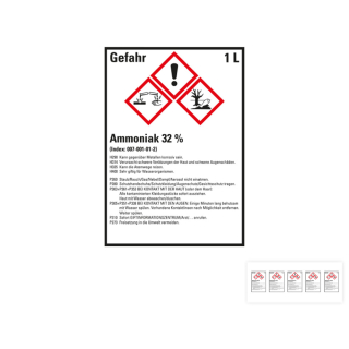 Produkt Hauptbild von Gefahrstoffkennzeichen: Ammoniak 32%, 3 GHS Symbole mit Text, Folie selbstklebend, versch. Größen