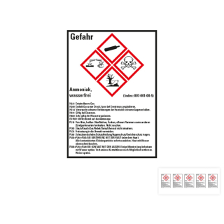 Produkt Hauptbild von Gefahrstoffkennzeichen: Ammoniak, wasserfrei, 4 GHS Symbole mit Text, Folie selbstklebend, versch. Größen