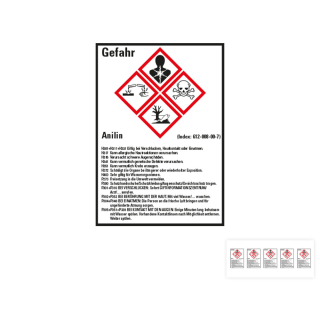 Produkt Hauptbild von Gefahrstoffkennzeichen: Anilin, 4 GHS Symbole mit Text, Folie selbstklebend, versch. Größen