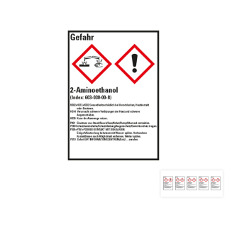 Produkt Hauptbild von Gefahrstoffkennzeichen: 2-Aminoethanol, 2 GHS Symbole mit Text, Folie selbstklebend, versch. Größen