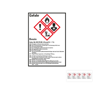 Produkt Hauptbild von Gefahrstoffkennzeichen: Benzin, 4 GHS Symbole mit Text, Folie selbstklebend, versch. Größen