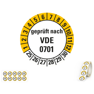 Produkt Hauptbild von Prüfplakette geprüft nach VDE 0701, weiß-gelb, Folie mit Spezialkleber, versch. Jahreszahlen