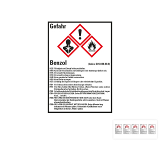 Produkt Hauptbild von Gefahrstoffkennzeichen: Benzol, 3 GHS Symbole mit Text, Folie selbstklebend, versch. Größen