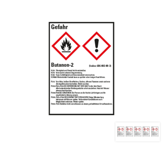 Produkt Hauptbild von Gefahrstoffkennzeichen: Butanon-2, 2 GHS Symbole mit Text, Folie selbstklebend, versch. Größen