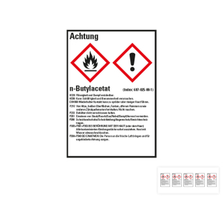 Produkt Hauptbild von Gefahrstoffkennzeichen: n-Butylacetat, 2 GHS Symbole mit Text, Folie selbstklebend, versch. Größen
