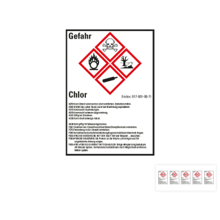 Produkt Hauptbild von Gefahrstoffkennzeichen: Chlor, 4 GHS Symbole mit Text, Folie selbstklebend, versch. Größen