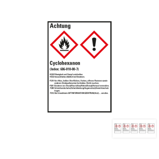 Produkt Hauptbild von Gefahrstoffkennzeichen: Cyclohexanon, 2 GHS Symbole mit Text, Folie selbstklebend, versch. Größen