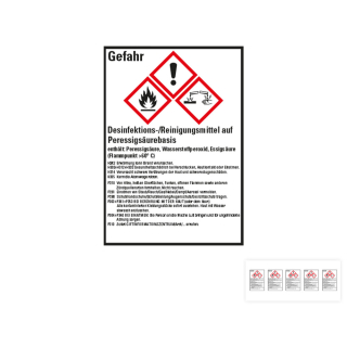 Produkt Hauptbild von Gefahrstoffkennzeichen: Desinfektions-/Reinigungsmittel auf Peressigsäurebasis, 3 GHS Symbole mit Text, Folie selbstklebend, versch. Größen