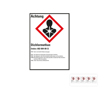 Produkt Hauptbild von Gefahrstoffkennzeichen: Dichlormethan, 1 GHS Symbol mit Text, Folie selbstklebend, versch. Größen