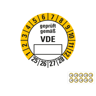 Produkt Hauptbild von Prüfplakette geprüft gemäß VDE, Beschriftungsfeld, weiß-gelb, Folie mit Spezialkleber, versch. Jahreszahlen