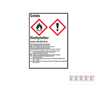 Produkt Hauptbild von Gefahrstoffkennzeichen: Diethylether, 2 GHS Symbole mit Text, Folie selbstklebend, versch. Größen