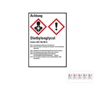 Produkt Hauptbild von Gefahrstoffkennzeichen: Diethylenglycol, 2 GHS Symbole mit Text, Folie selbstklebend, versch. Größen