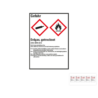 Produkt Hauptbild von Gefahrstoffkennzeichen: Erdgas, getrocknet, 2 GHS Symbole mit Text, Folie selbstklebend, versch. Größen