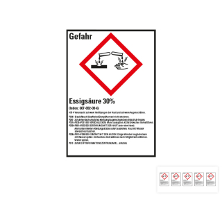 Produkt Hauptbild von Gefahrstoffkennzeichen: Essigsäure 30%, 1 GHS Symbol mit Text, Folie selbstklebend, versch. Größen