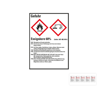 Produkt Hauptbild von Gefahrstoffkennzeichen: Essigsäure 60%, 2 GHS Symbole mit Text, Folie selbstklebend, versch. Größen