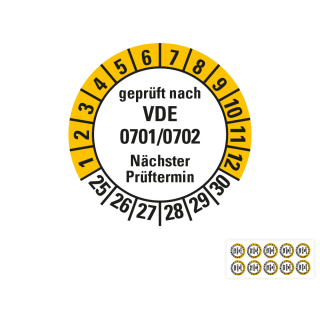 Produkt Hauptbild von Prüfplakette geprüft nach VDE 0701/0702 Nächster Prüftermin, weiß-gelb, Folie mit Spezialkleber, versch. Jahreszahlen