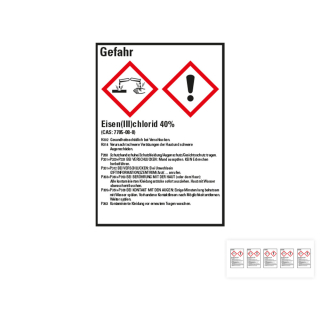 Produkt Hauptbild von Gefahrstoffkennzeichen: Eisen (III) chlorid 40%, 2 GHS Symbole mit Text, Folie selbstklebend, versch. Größen