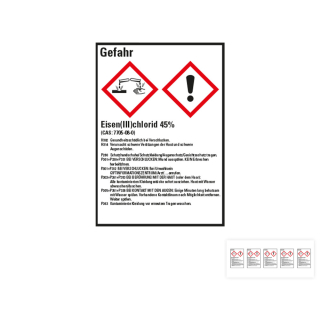 Produkt Hauptbild von Gefahrstoffkennzeichen: Eisen (III) chlorid 45%, 2 GHS Symbole mit Text, Folie selbstklebend, versch. Größen