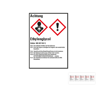 Produkt Hauptbild von Gefahrstoffkennzeichen: Ethylenglykol, 2 GHS Symbole mit Text, Folie selbstklebend, versch. Größen