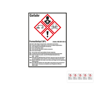 Produkt Hauptbild von Gefahrstoffkennzeichen: Formaldehyd 30%, 4 GHS Symbole mit Text, Folie selbstklebend, versch. Größen