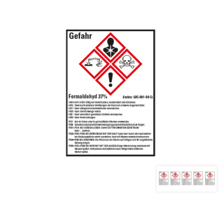 Produkt Hauptbild von Gefahrstoffkennzeichen: Formaldehyd 37%, 4 GHS Symbole mit Text, Folie selbstklebend, versch. Größen