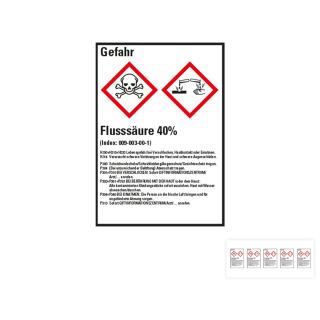 Produkt Hauptbild von Gefahrstoffkennzeichen: Flusssäure 40%, 2 GHS Symbole mit Text, Folie selbstklebend, versch. Größen