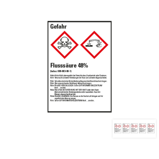 Produkt Hauptbild von Gefahrstoffkennzeichen: Flusssäure 48%, 2 GHS Symbole mit Text, Folie selbstklebend, versch. Größen