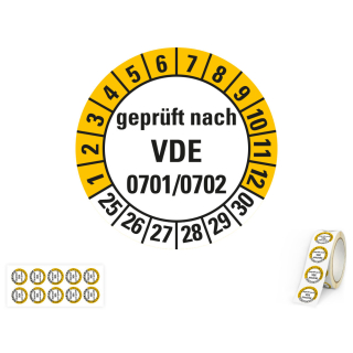 Produkt Hauptbild von Prüfplakette geprüft nach VDE 0701/0702, weiß-gelb, Folie mit Spezialkleber, versch. Jahreszahlen