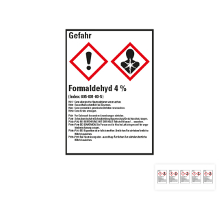 Produkt Hauptbild von Gefahrstoffkennzeichen: Formaldehyd 4%, 2 GHS Symbole mit Text, Folie selbstklebend, versch. Größen