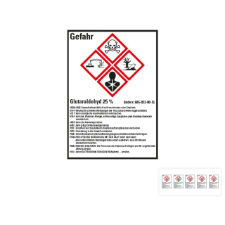 Produkt Hauptbild von Gefahrstoffkennzeichen: Glutaraldehyd 25%, 4 GHS Symbole mit Text, Folie selbstklebend, versch. Größen