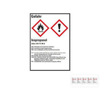Produkt Hauptbild von Gefahrstoffkennzeichen: Isopropanol, 2 GHS Symbole mit Text, Folie selbstklebend, versch. Größen