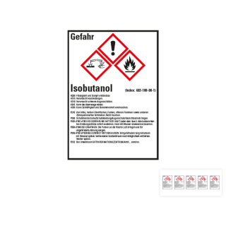Produkt Hauptbild von Gefahrstoffkennzeichen: Isobutanol, 3 GHS Symbole mit Text, Folie selbstklebend, versch. Größen