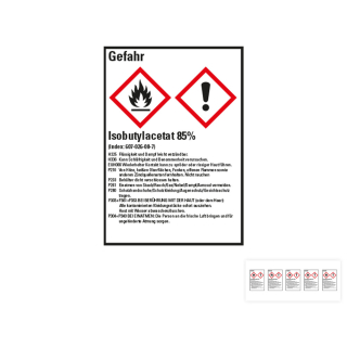 Produkt Hauptbild von Gefahrstoffkennzeichen: Isobutylacetat 85%, 2 GHS Symbole mit Text, Folie selbstklebend, versch. Größen