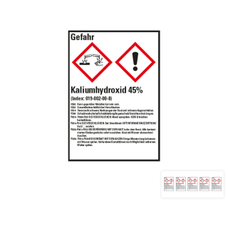 Produkt Hauptbild von Gefahrstoffkennzeichen: Kaliumhydroxid 45%, 2 GHS Symbole mit Text, Folie selbstklebend, versch. Größen