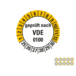 Produkt Hauptbild von Prüfplakette geprüft nach VDE 0100, weiß-gelb, Folie mit Spezialkleber, versch. Jahreszahlen
