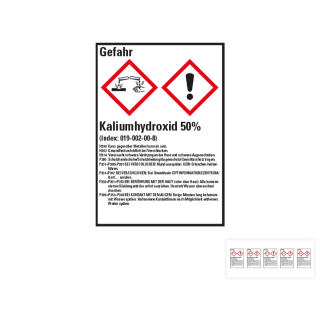 Produkt Hauptbild von Gefahrstoffkennzeichen: Kaliumhydroxid 50%, 2 GHS Symbole mit Text, Folie selbstklebend, versch. Größen