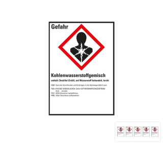 Produkt Hauptbild von Gefahrstoffkennzeichen: Kohlenwasserstoffgemisch, 1 GHS Symbol mit Text, Folie selbstklebend, versch. Größen