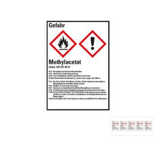 Produkt Hauptbild von Gefahrstoffkennzeichen: Methylacetat, 2 GHS Symbole mit Text, Folie selbstklebend, versch. Größen
