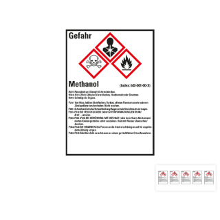 Produkt Hauptbild von Gefahrstoffkennzeichen: Methanol, 3 GHS Symbole mit Text, Folie selbstklebend, versch. Größen