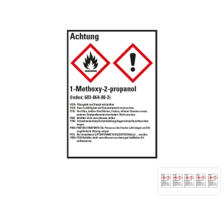 Produkt Hauptbild von Gefahrstoffkennzeichen: 1-Methoxy-2-propanol, 2 GHS Symbole mit Text, Folie selbstklebend, versch. Größen