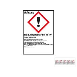 Produkt Hauptbild von Gefahrstoffkennzeichen: Natriumhydrogensulfit 38-40%, 1 GHS Symbol mit Text, Folie selbstklebend, versch. Größen