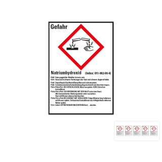 Produkt Hauptbild von Gefahrstoffkennzeichen: Natriumhydroxid, 1 GHS Symbol mit Text, Folie selbstklebend, versch. Größen