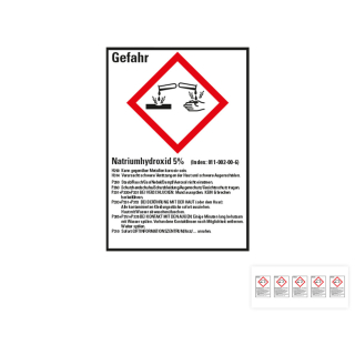 Produkt Hauptbild von Gefahrstoffkennzeichen: Natriumhydroxid 5%, 1 GHS Symbol mit Text, Folie selbstklebend, versch. Größen